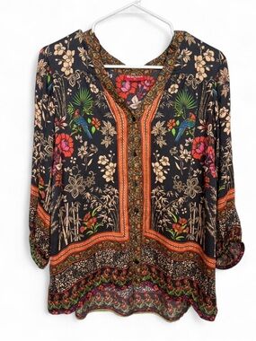Ruby Yaya Boho Bird Floral Tunic Button Down Blouse Medium Tropical Resort Beach